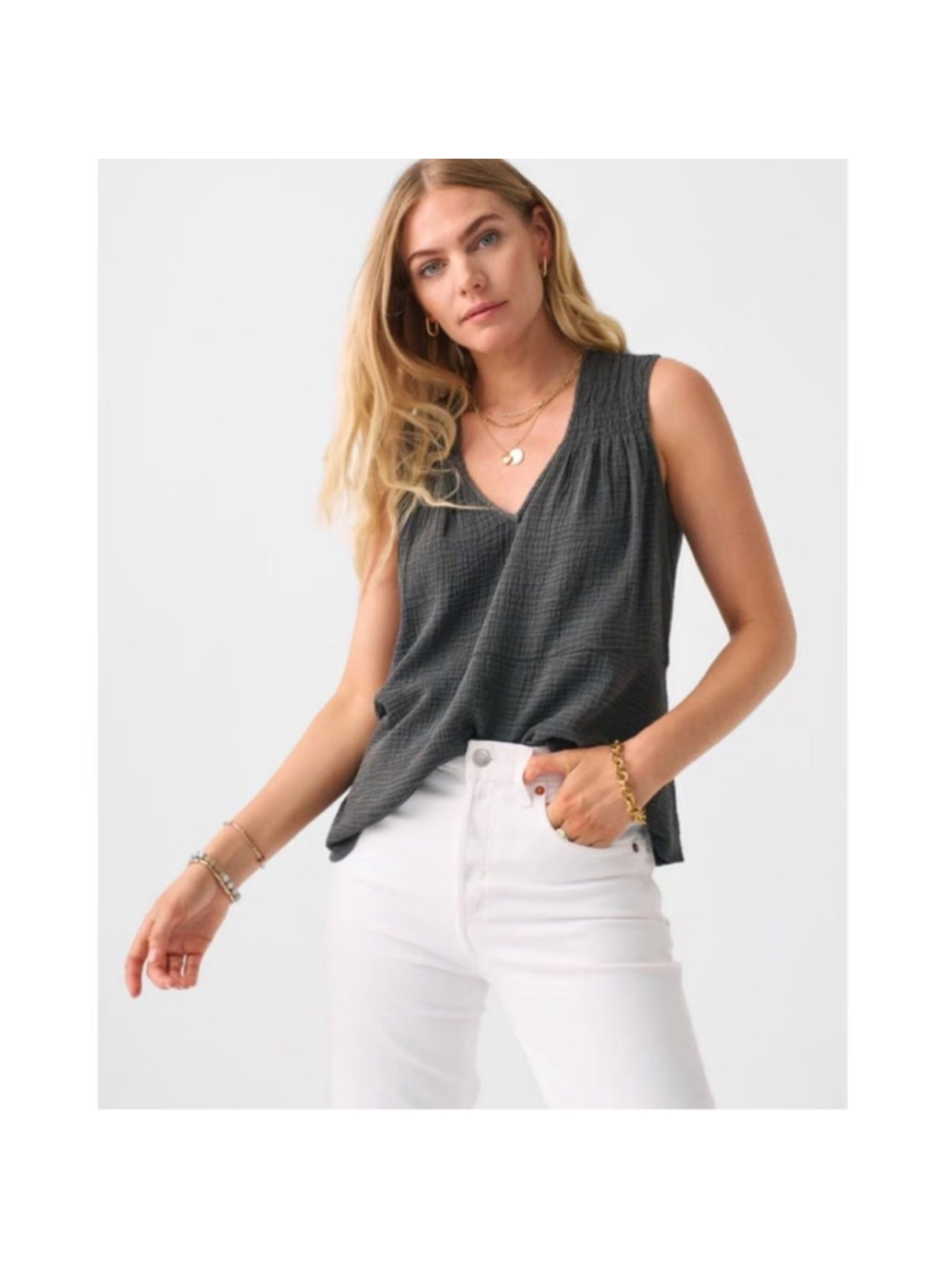 Faherty Dream Gauze Ainsley Top Charcoal XS Organic Cotton Sleeveless Flowy Tank